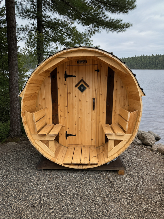 IN-STOCK! Setri 6×8 6-Person Western Red Cedar Barrel Sauna — Porch, Benches, Finlandia Heater, Half Moon Window & Copper Roof