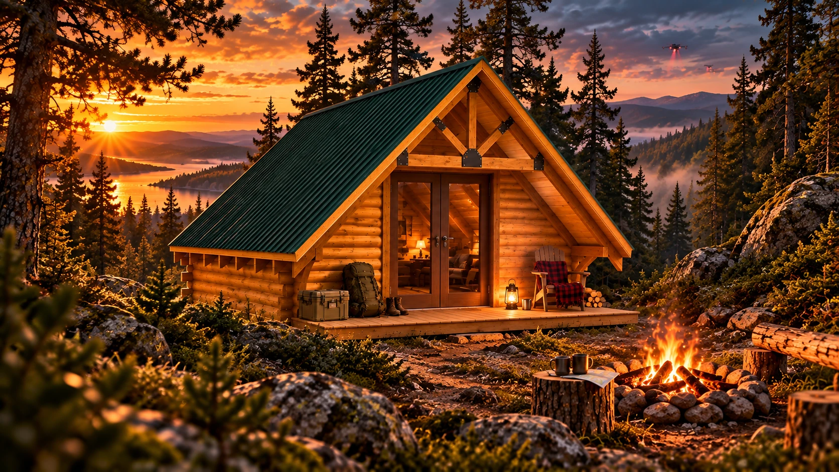 Fictional robot-apocalypse cabin illustration for the OUTDOORICA outdoor humor guide