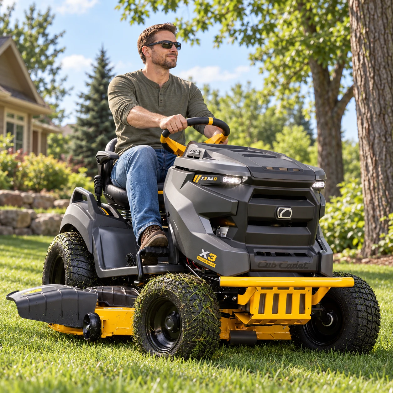 Homeowner driving a new 2027 Cub Cadet X3 Enduro lawn tractor