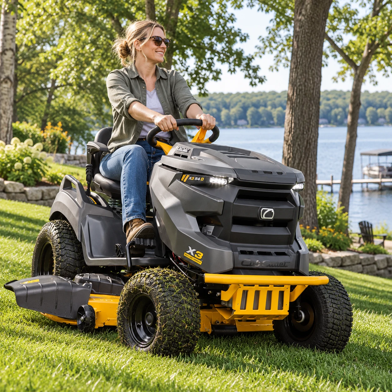 Woman mowing a large lawn with a new 2027 Cub Cadet X3 Enduro lawn tractor