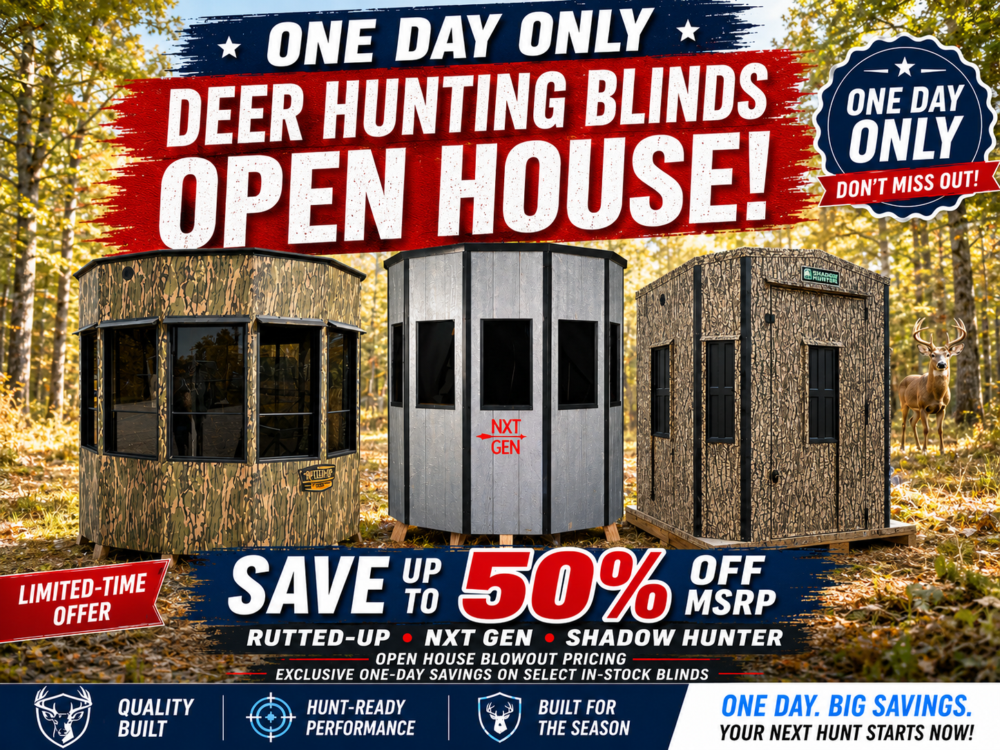 50 percent off MSRP on select Rutted-Up Shadow Hunter and NXT Gen hunting blinds and stand combos