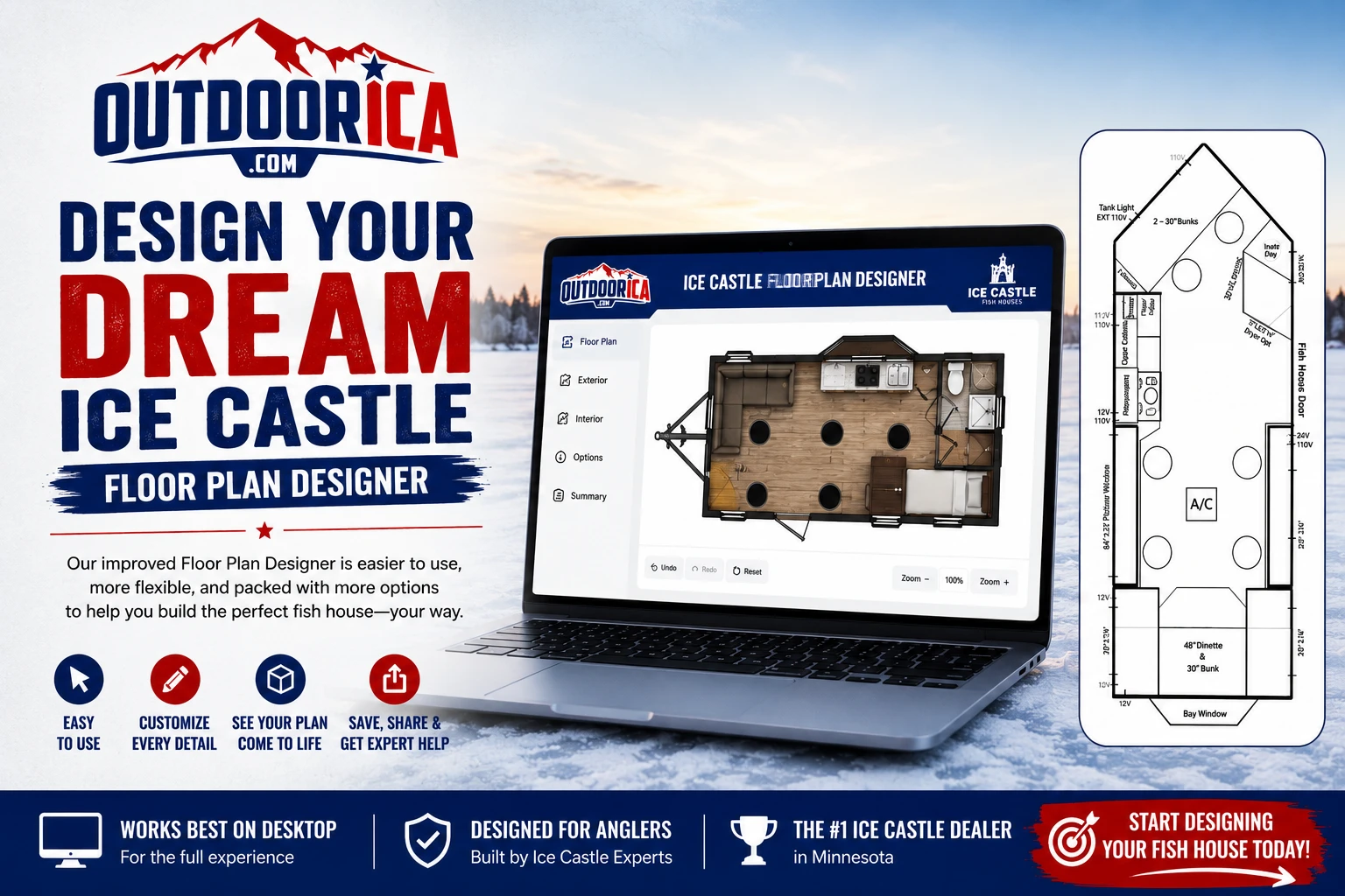 Design your dream custom Ice Castle Fish House with OUTDOORICA's Custom Ice Castle Floor Plan Designer