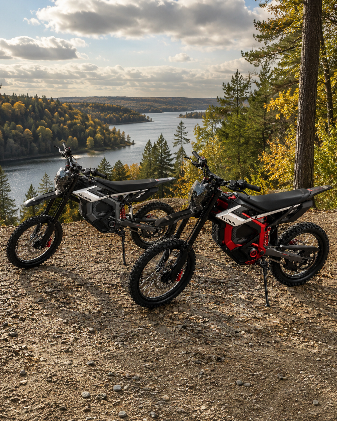 Two Segway Xaber 300 electric dirt bikes overlooking a river