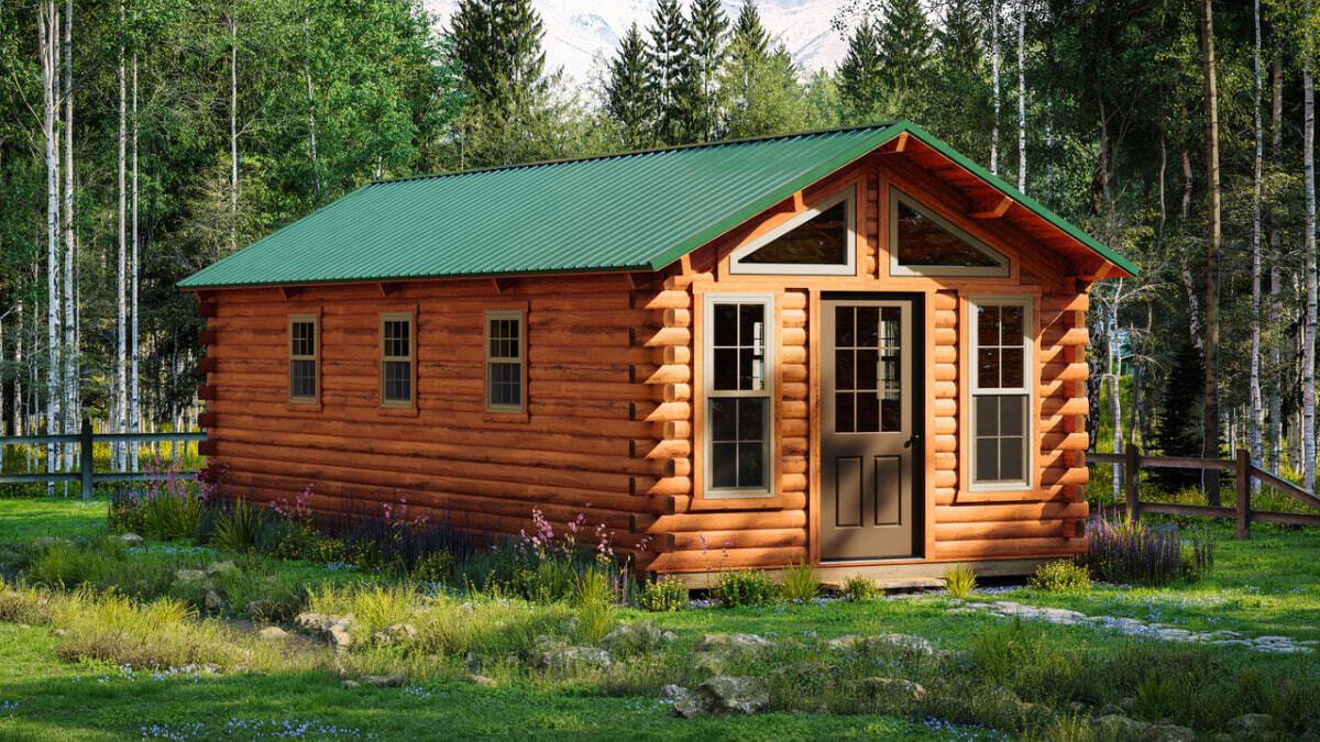 Elk Creek Series Amish cabin with trapezoid windows at Outdoorica