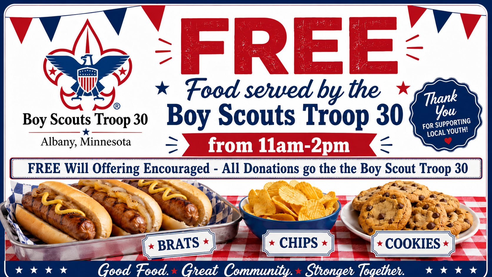 Free food served by Albany Boy Scout Troop 30 at OUTDOORICA Open House from 11 AM to 2 PM