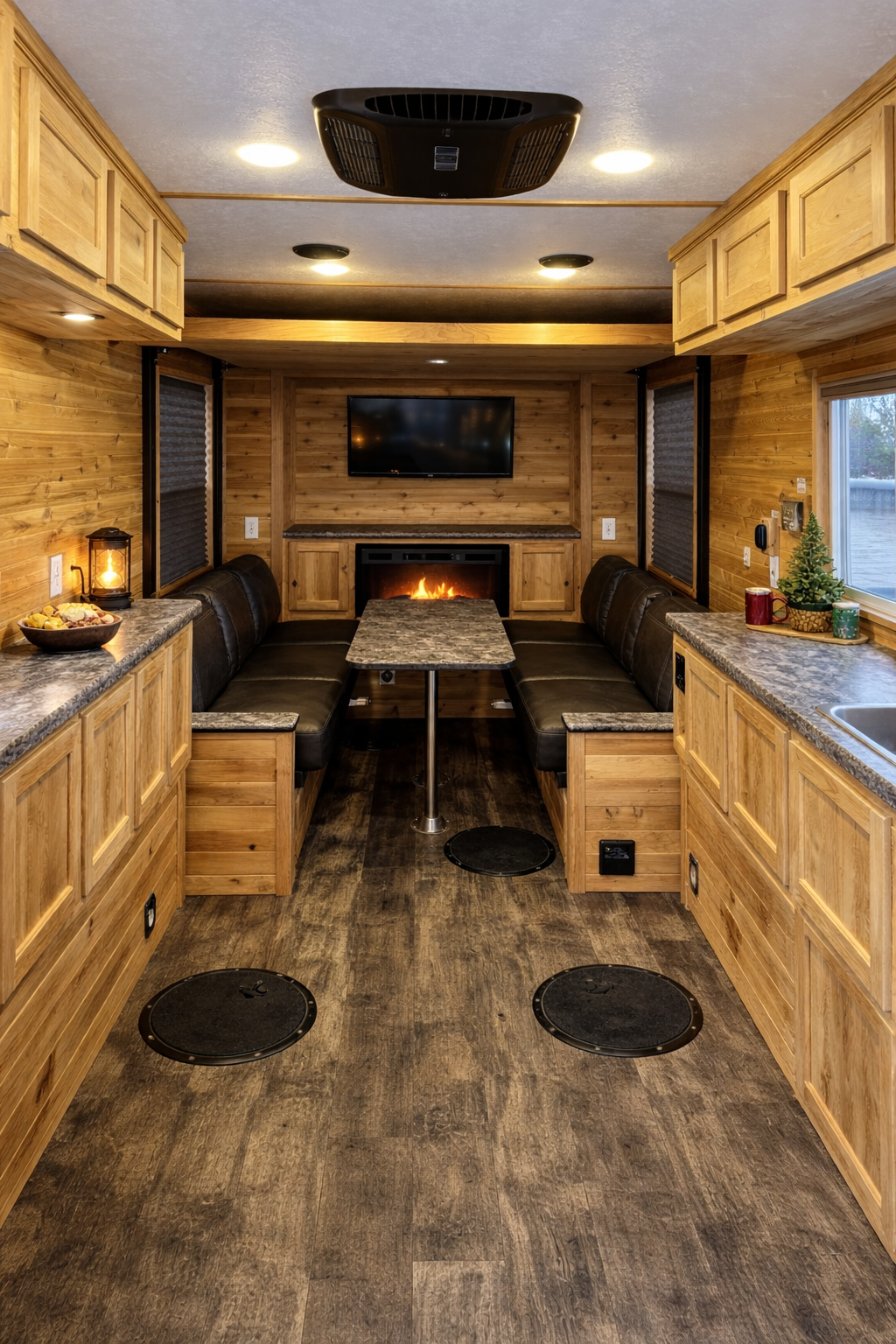 Interior of a used fish house with warm wood finish, seating, fireplace, and fishing holes