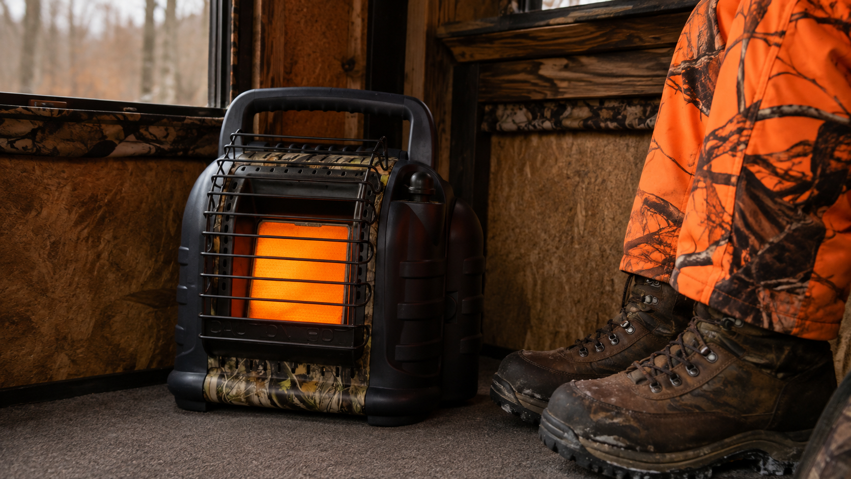 Hunting blind heater and accessories for cold Minnesota deer season