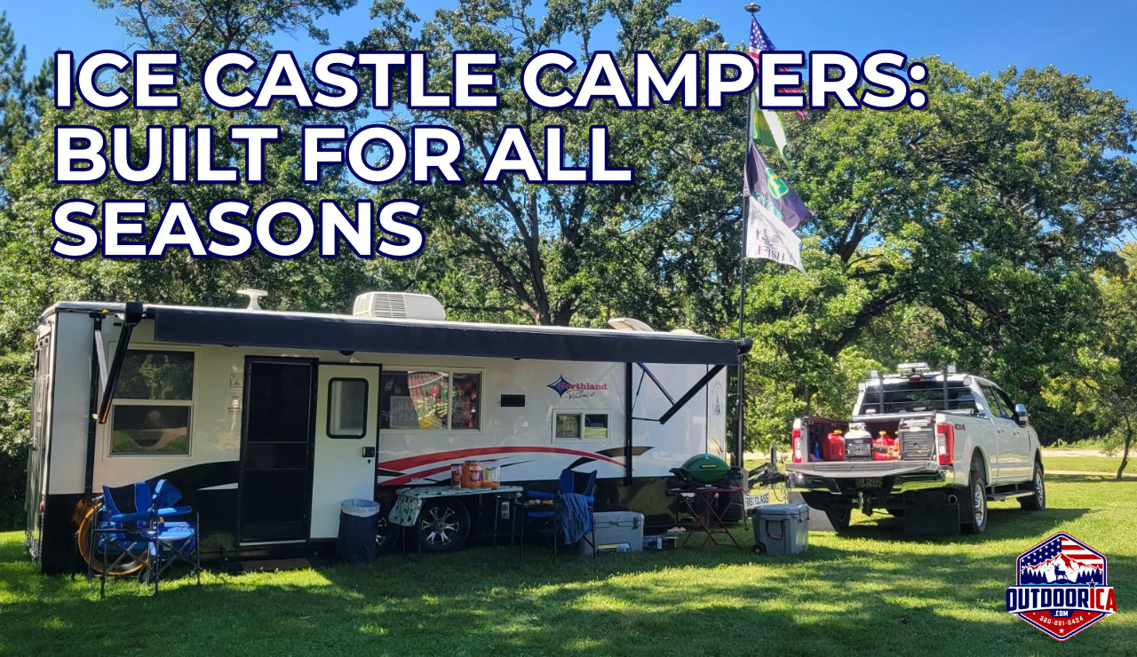 Ice Castle Camper set up at a family campground in summer