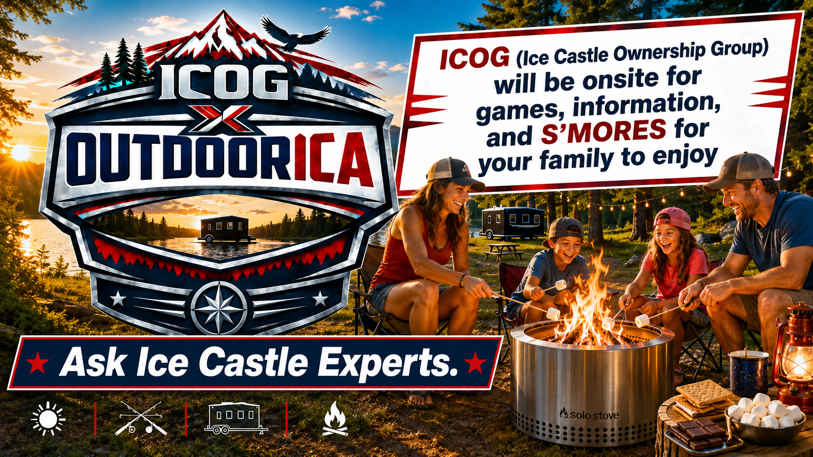 Ice Castle Ownership Group at OUTDOORICA Open House with games prizes smores and community fun