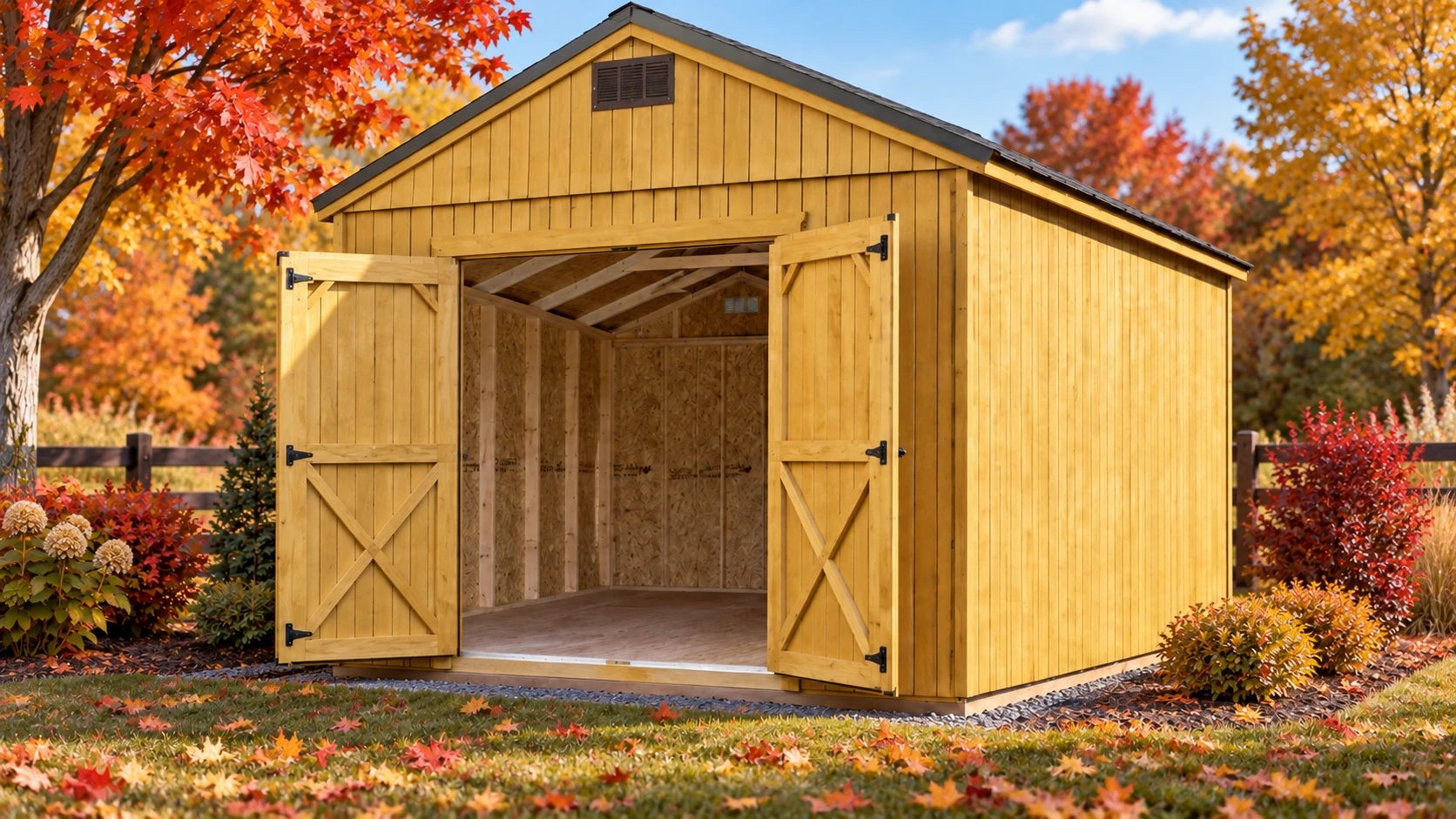Old Hickory utility shed for lawn equipment and seasonal storage