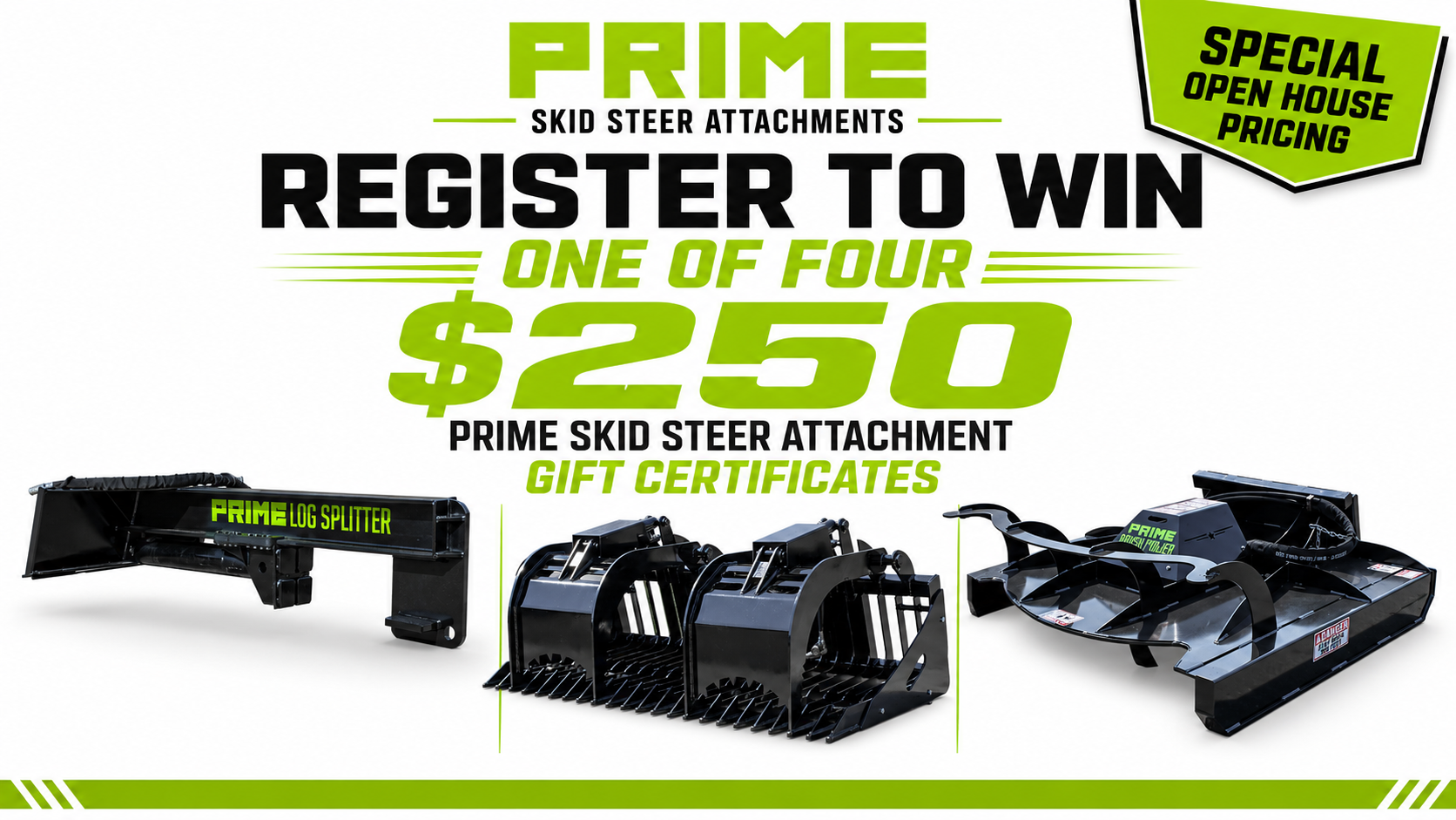 PRIME Skid Steer Attachment gift certificate giveaway and special pricing on PRIME attachments at OUTDOORICA Open House