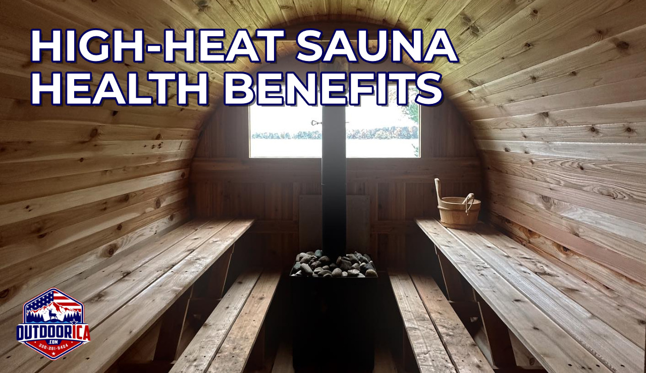 Interior of a Setri barrel sauna with benches and stone heater, illustrating high-heat sauna health benefits