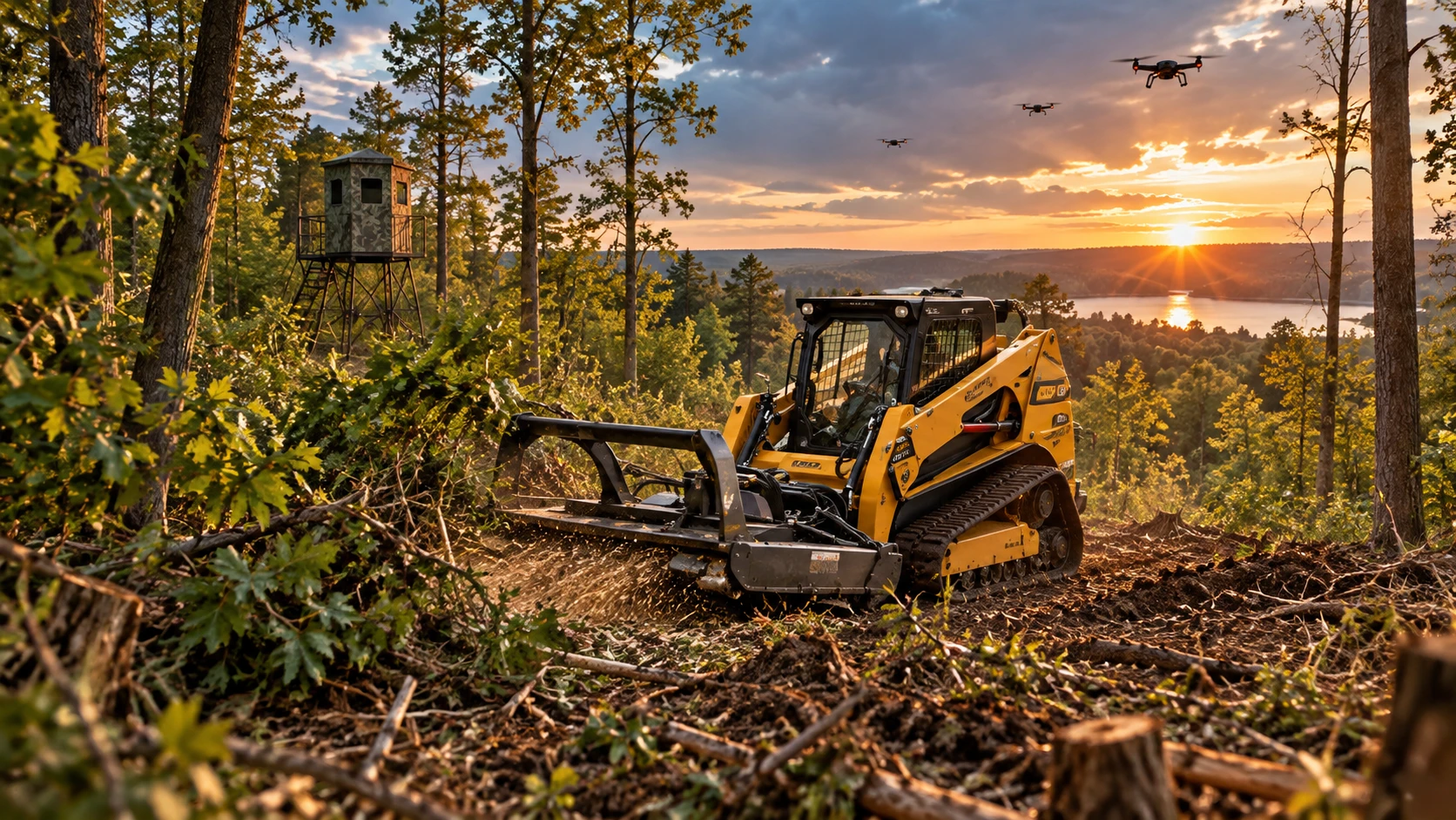 Illustration of a skid steer clearing wooded property