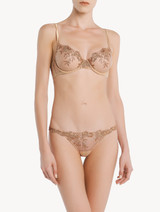 Thong in beige Lycra with embroidered tulle_1