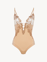 Bodysuit in beige Lycra with embroidered tulle_0