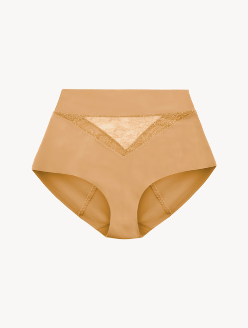Nude Lycra control fit high-waist briefs with Chantilly lace
