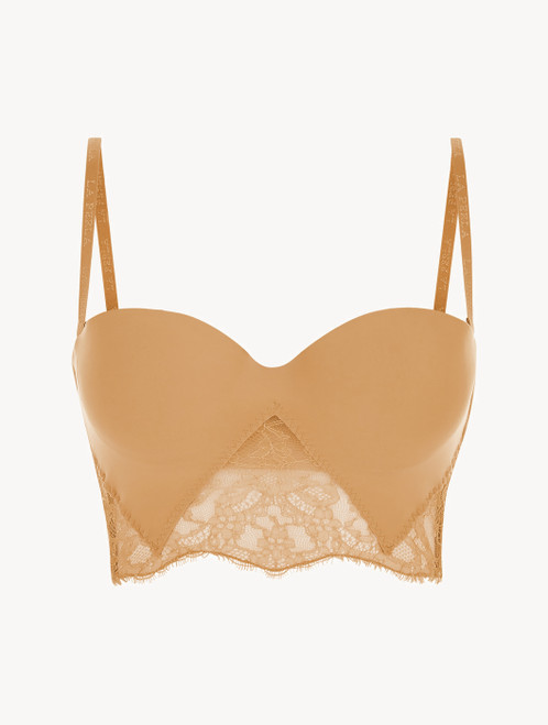 Nude Lycra strapless brassiere with Chantilly lace_3
