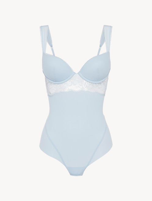 Underwired Bodysuit in blue Lycra with Leavers lace