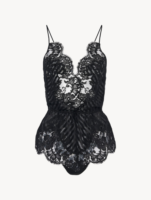 Playsuit in black silk with Leavers lace