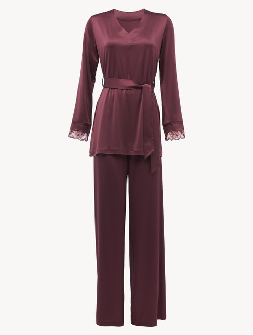 Pyjamas in burgundy stretch viscose and tulle