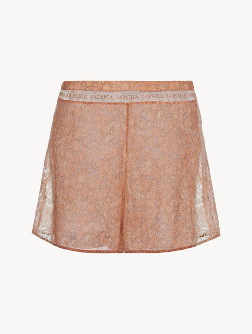 Shorts in pink silk satin with Leavers lace