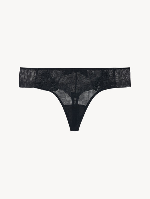 Thong in sheer black embroidered tulle