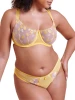 the body of a model showing the fit of a balconnette bra and matching panty with lemons embroidered on them