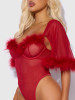 Marilyn Feather & Mesh Bell-Sleeved Bodysuit in Crimson Red