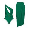 Solid Color One Shoulder One Piece Swimwear with Cover in Green