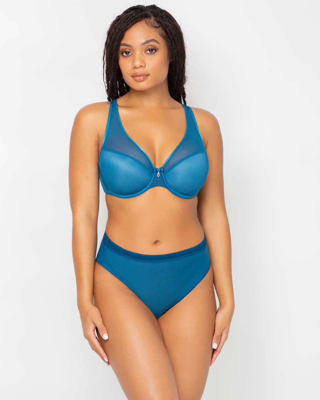 Curvy Couture Sheer Mesh Plunge T-Shirt Bra in Blue Sapphire - Busted Bra  Shop