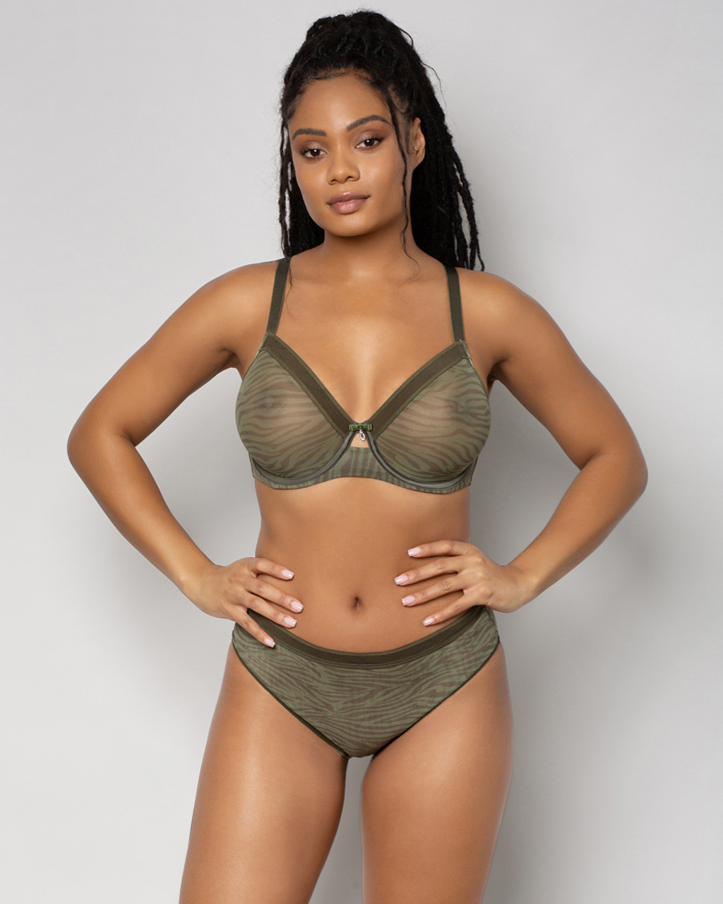 Curvy Couture Sheer Mesh Plunge T-Shirt Bra in Olive Waves