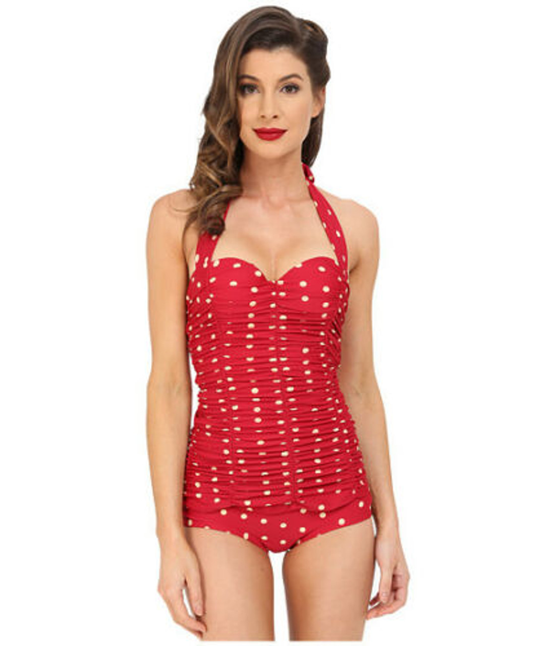 Unique Vintage Mansfield One Piece Swimsuit in Red/Ivory Dot FINAL SALE  NORMALLY $99.99