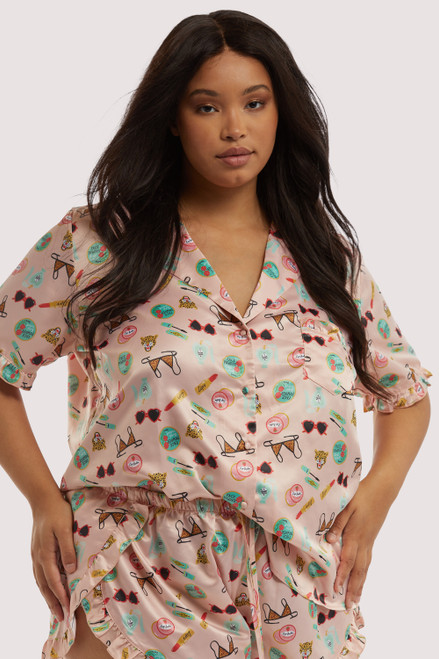 Playful Promises PPAIP009 Bodil Jane Girls Best Friend Recycled Satin Short Sleeve PJ Top Pink Print FINAL SALE NORMALLY $33