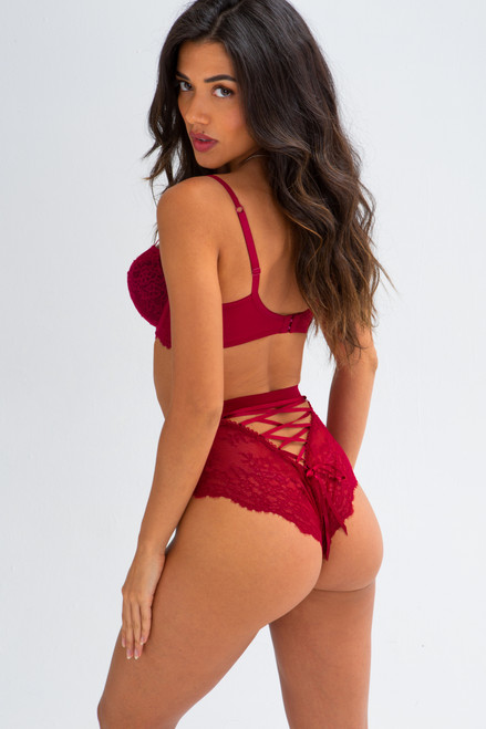 Pour Moi Dark Romance Lace Up Deep Brief in Red/Black FINAL SALE NORMALLY $32