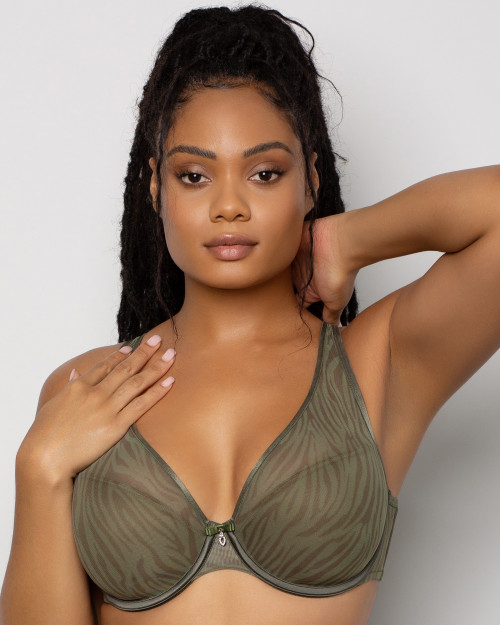 Curvy Couture 1310 Sheer Mesh Plunge T-Shirt Bra Olive Waves