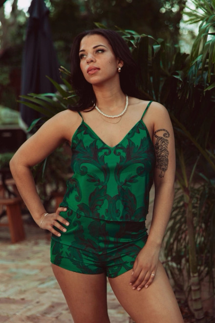 Satin Cami & Shorts Set in Emerald Damask
