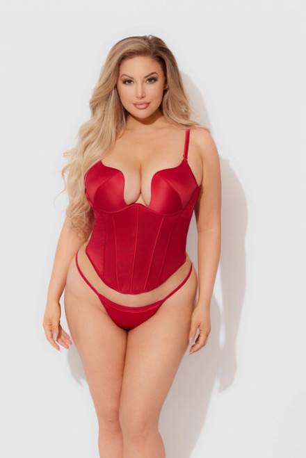 Brigeta Satin Plunge Push Up Bustier & G-String Set in Crimson Red
