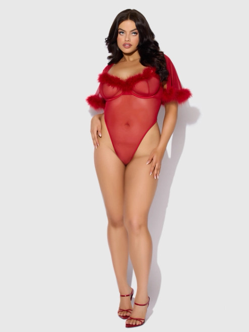 Marilyn Feather & Mesh Bell-Sleeved Bodysuit in Crimson Red