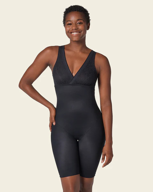 Sheer Stripe Detail Sculpting Mid-Thigh Bodysuit