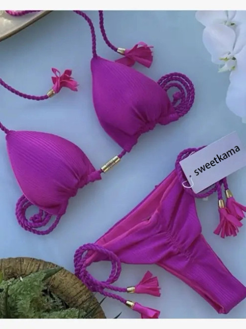 Solid Color Halter Micro Thong Triangle Bikini Swim Set in Fuchsia