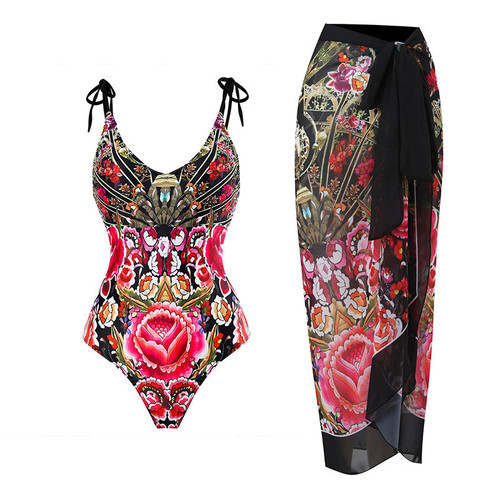 Tie Straps Flower Print One-Piece Swimsuit with Wrap