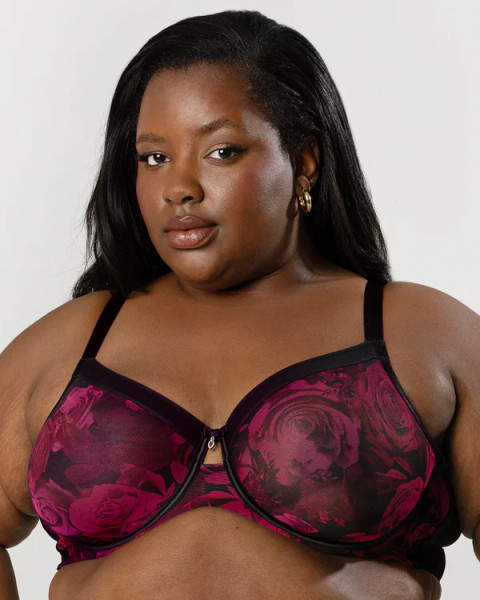 Sheer Mesh Full Coverage Unlined Underwire Bra in Dramatic Roses Sheer Mesh Full Coverage Unlined Underwire Bra in Dramatic Roses