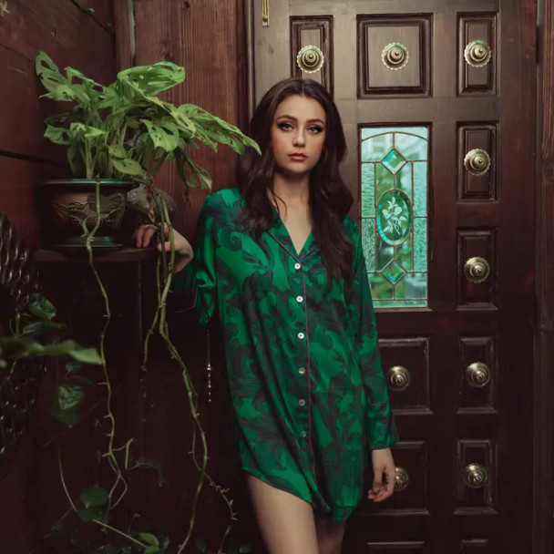 Satin Sleepshirt in Emerald Damask