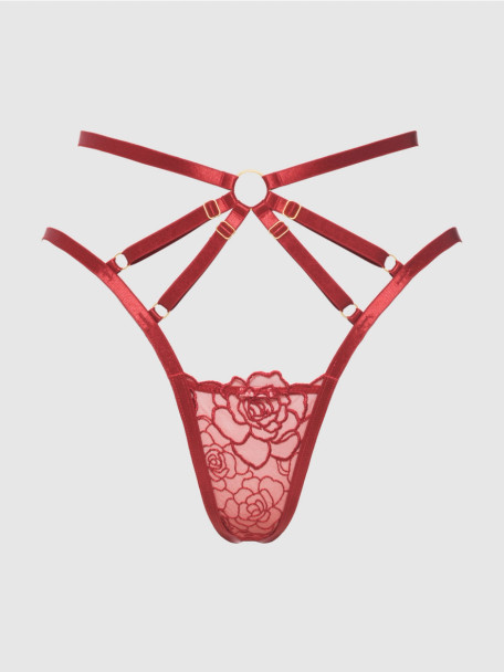 Rosalie Embroidered Lace Strappy Backless Tanga in Crimson Red