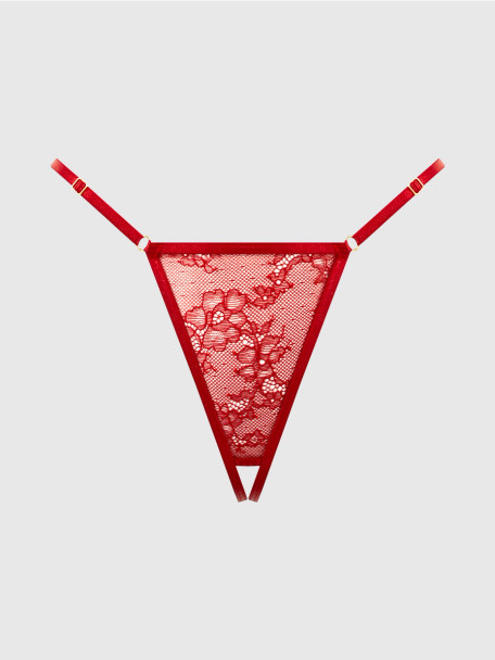 Kiki Lace Crotchless & Side Slider Thong in Crimson Red