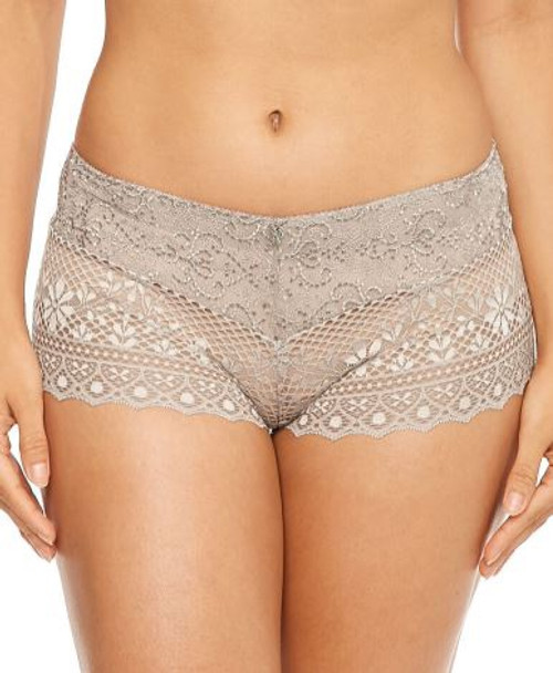 Matching boyshort style panty for the Cassiopee Collection by Empreinte in neutral gray rose sauvage color