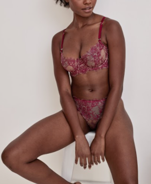 Delicate eyelash magenta lace balconnet bra and matching thong
