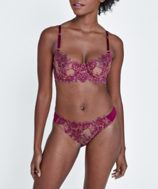 Delicate eyelash magenta lace balconnet bra and matching thong
