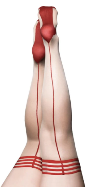 Whitney Back Seam Thigh Highs in Beige with Red