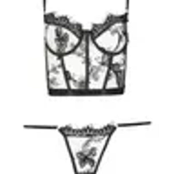 Embroidered G-String in Black Butterflies